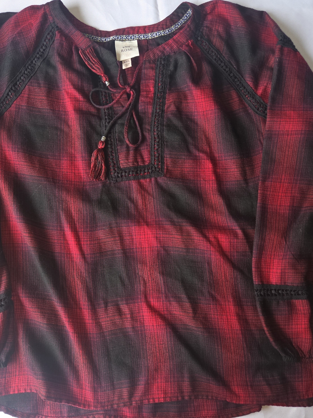 Knox Rose Red and Black Plaid Tassel Tie Peasant Blouse